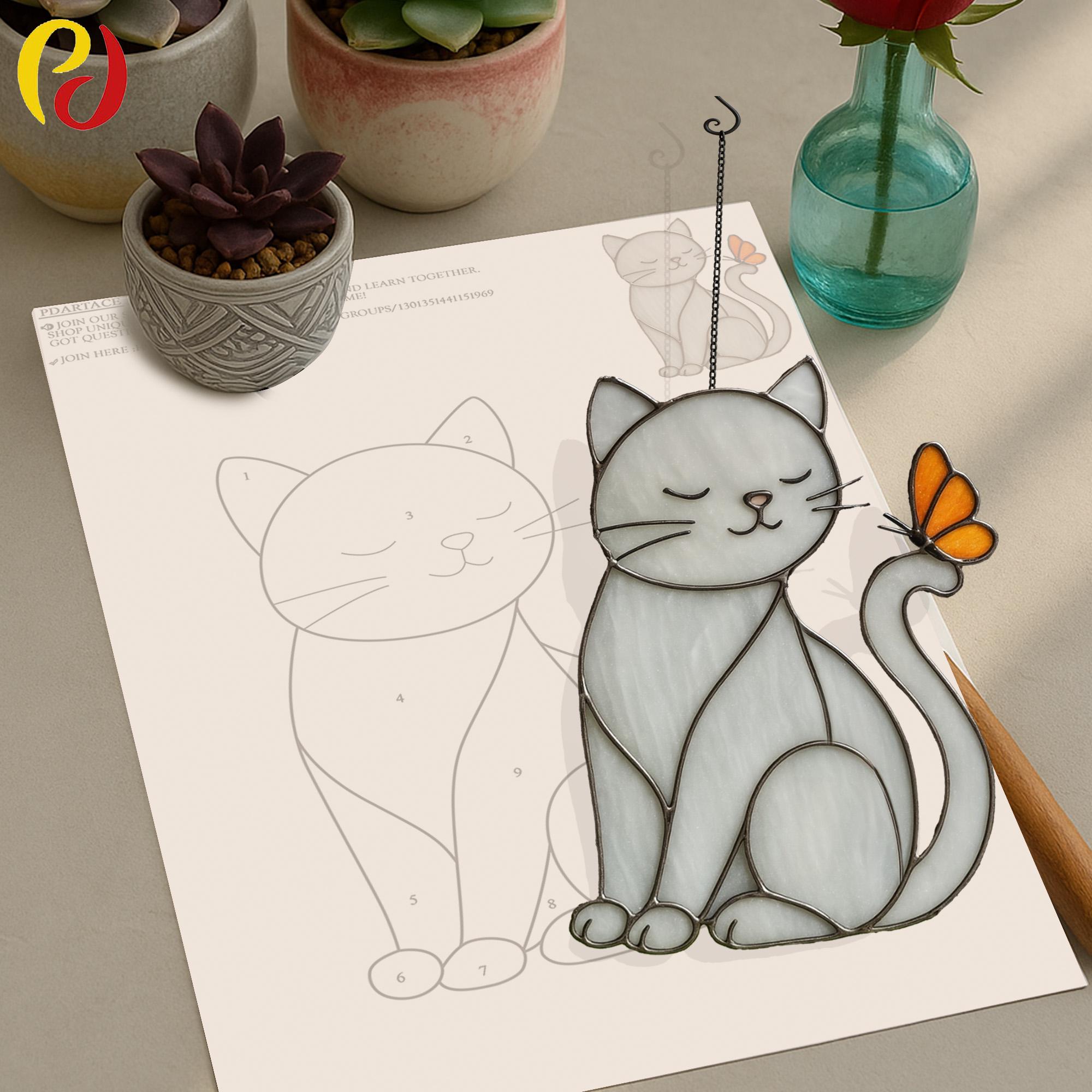 PDACE179 Cat and Butterfly Digital Download Pattern Stained Glass , DIY ...