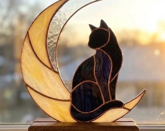 PDACE1129 Black Cat Moon Stained Glass Pattern SVG PNG Gothic Suncatcher DIY Template