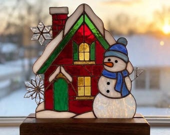 PDACE1127 Christmas House Stained Glass Pattern   SVG PNG Snowman Holiday Suncatcher DIY