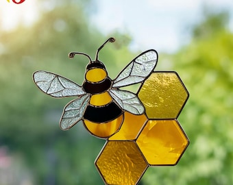 PDACE639 Honey Bee Stained Glass Pattern with Honeycomb – Nature Insect Suncatcher PDF Design