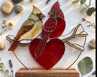 PDACE1142 Cardinal Couple Stained Glass Pattern, Love Birds Heart Suncatcher SVG PDF DIY