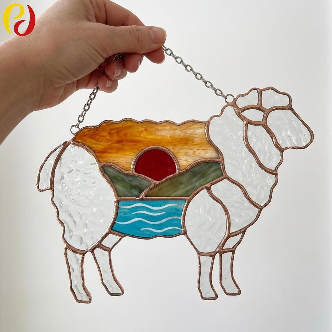 Sheep Window Display PDACE944 Sheep Stained Glass Pattern, Farmhouse Countryside Sunset ...