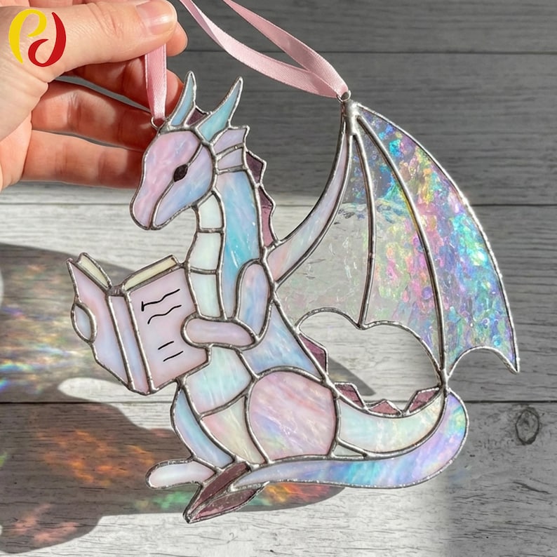 PDACE890 Cute Reading Dragon Stained Glass Pattern PDF, Fantasy Window ...