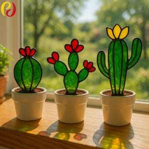 Peut inclure: Trois figurines de cactus en vitrail dans des pots en céramique blancs. Les cactus ont des corps verts avec des accents de fleurs rouges ou jaunes. Les figurines sont posées sur un rebord de fenêtre en bois avec un arrière-plan vert flou.
