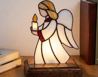PDACE1141 Angel with Candle Stained Glass Pattern, Guardian Angel Suncatcher SVG PDF DIY