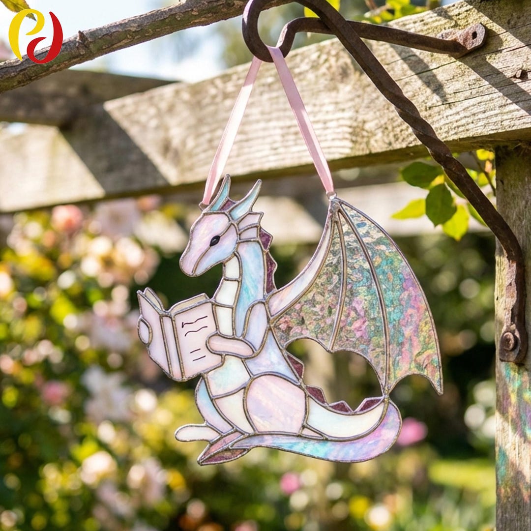PDACE890 Cute Reading Dragon Stained Glass Pattern PDF, Fantasy Window ...