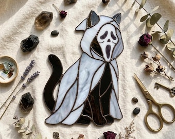 PDACE1305 Modello PDF per gatto fantasma in vetro colorato, acchiappasole fai da te per Halloween, decorazione gotica spettrale