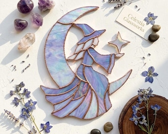 PDACE1275 Patrón de vidriera de bruja lunar, atrapasol de bruja en PDF, diseño de vidrio Tiffany