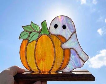 PDACE1270 Patrón de vidriera de calabaza fantasma, decoración de Halloween en PDF, diseño de vidrio Tiffany