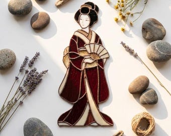 PDACE1139 Japanese Geisha Stained Glass Pattern, Kimono Lady Suncatcher SVG PDF DIY Template