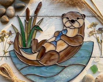 PDACE1122 Sea Otter Stained Glass Pattern, River Otter Window Panel PDF SVG PNG, Wildlife Suncatcher Template