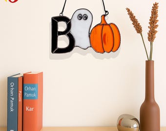 PDACE260 Halloween Stained Glass Ghost Face Haunted Items Stained Glass Pumpkin, Halloween Suncatcher, Ghost Glass Art- File SVG - PDF - JPG