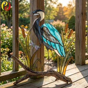 May include: A stained glass heron sculpture featuring vibrant blue and white glass panels, perched on a natural driftwood base. The design includes green glass reeds, brown cattails, and a small dragonfly accent, all held together by dark metal solder.