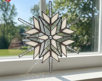 PDACE584 Snowflake Stained Glass Pattern Template for Winter Window Decoration