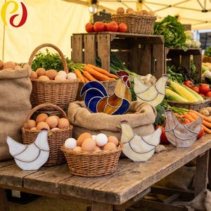May include: A market stall display featuring baskets of eggs, carrots, and decorative stained-glass chickens and a rooster. The rooster has blue, orange, and yellow details. The chickens are white, cream, and brown.