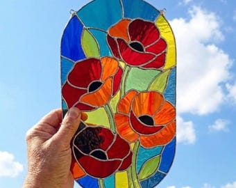 PDACE1116 Poppy Flower Stained Glass Pattern PDF SVG PNG Oval Suncatcher Template