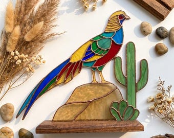 PDACE1296 Patrón de vidriera de codorniz, PDF de ave del desierto, arte en vidrio Tiffany DIY con cactus