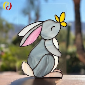 PDACE191 Easter Bunny  and Butterfly, rabbit Stained glass window with sun-Digital Download Pattern , DIY Suncatcher  ,Bunny Suncatcher
