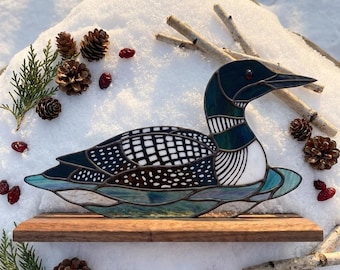 PDACE1308 Loon Stained Glass Pattern, Black Bird Suncatcher PDF, Lake Wildlife DIY Design