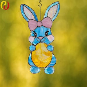 PD 187 Easter rabbit Stained glass window with sun-catching pig Digital Download Pattern , DIY Suncatcher  stained glass,Bunny Suncatcher