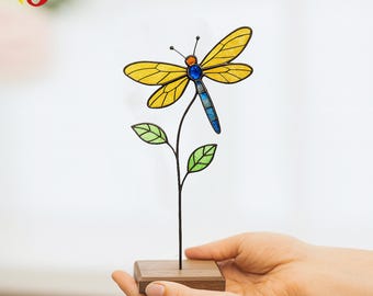 PDACE459 Stained Glass Dragonfly Pattern, Digital Download Template, DIY Yellow Dragonfly and Leaf Design, Sun Catcher Craft PDF
