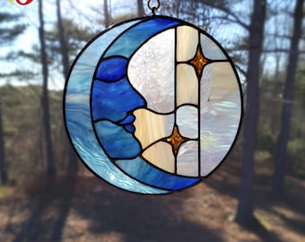 PDACE516 Stained Glass Moon and Stars Pattern – Celestial Face Suncatcher Template, DIY Glass Art Design File for Window Decor