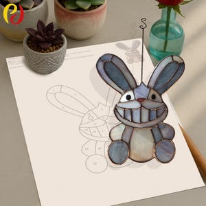 PDACE159 Bunny Rabbit Stained glass window with sun-catching pig Digital Download Pattern , DIY Suncatcher  stained glass,Bunny Suncatcher