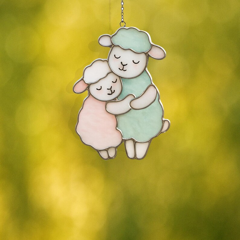 Sheep Window Display PD 58 Sheep Couple Stained Glass Window With Sun-catching Pig Digital ...