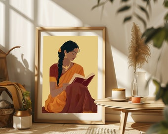 Kobieta indyjska czytająca książkę, Desi Art, Boho Art, Indyjska kobieta ścienna, Azjatka Południowa, Tamilska dziewczyna, Indyjscy miłośnicy książek, Natychmiastowe pobieranie pliku PDF