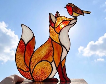 PDACE1280 Patrón de vidriera de zorro y petirrojo, PDF de animales del bosque, arte en vidrio Tiffany para hacer tú mismo