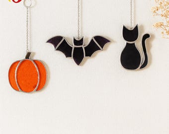 PDACE380 Halloween Stained Glass Pattern – Pumpkin, Bat, Black Cat Suncatcher Set Digital Download PDF