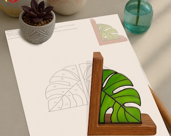 PDACE483 Monstera Leaf Stained Glass Bookend Pattern, Tropical Plant Glass Design, DIY Jungle Decor Template, Instant PDF Download