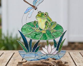 PDACE1125 Frog & Dragonfly Stained Glass Pattern, Lotus Pond Window Panel PDF SVG PNG Template