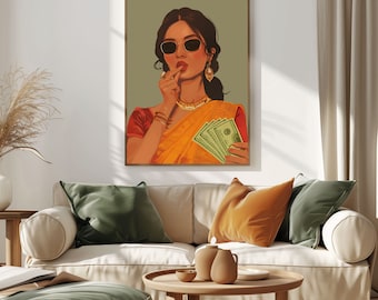 Digital Indian Woman Art, Rich Indian Woman Art, Desi Wall Art, Indian wall Art, Tamil Girl, Indian Woman with money, Powerful Indian woman