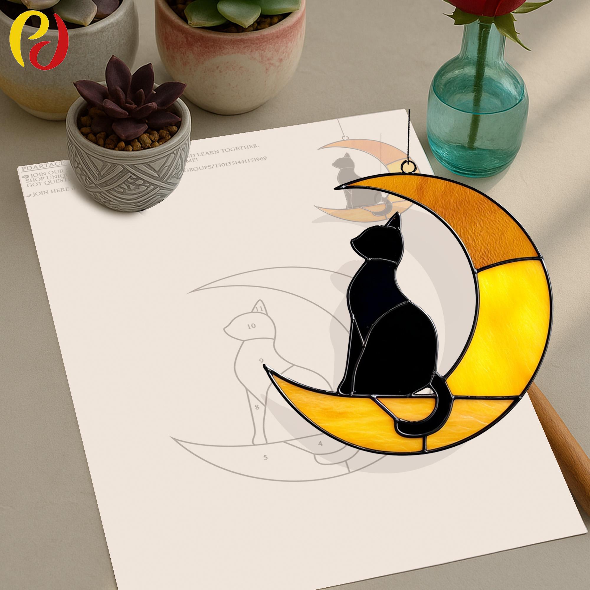 PDACE316 Pattern -black Cat on Crescent Moon – Stained Glass Suncatcher ...
