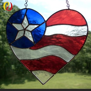 PDACE354 attrape-soleil en vitrail coeur patriotique - drapeau américain étoile rouge blanc bleu, téléchargements numériques, motifs faciles, attrape-soleil bricolage