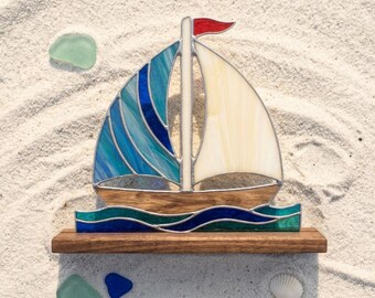 PDACE1274 Patrón de vidriera de velero, ventana náutica PDF, diseño de vidrio Tiffany oceánico