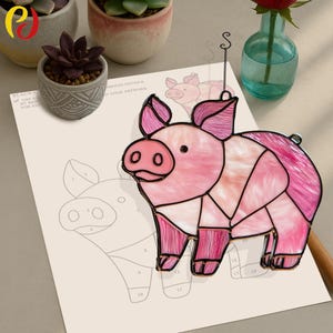 PD 41 pink pig Stained glass window with sun-catching pig Digital Download Pattern , DIY Suncatcher  stained glass ,stained glass window