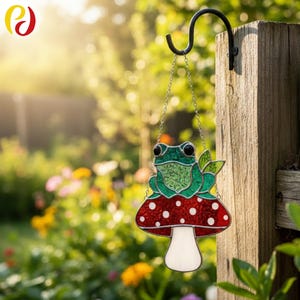 May include: A stained glass frog ornament with a red and white mushroom base hangs from a black metal hook. The frog is green with a textured body and sits atop a mushroom with white polka dots. The ornament is suspended by a silver chain.