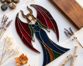 PDACE1130 Dark Angel Stained Glass Pattern, Gothic Demon Queen Suncatcher SVG PDF DIY Template