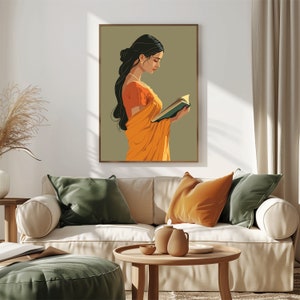 May include: A woman in a yellow and orange sari is reading a book. The background is a muted green color.