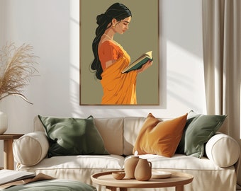 Kobieta indyjska czytająca książkę, Desi Art, Boho Art, Indyjska kobieta ścienna, Azjatka Południowa, Tamilska dziewczyna, Indyjscy miłośnicy książek, Natychmiastowe pobieranie pliku PDF