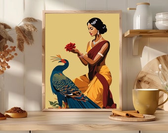 Indian Woman  and peacock Art , Desi Art, Boho Art, South Asian, Indian Art, Brown Girl, Tamil Art, Instant Download PDF