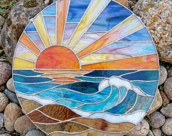 PDACE1114 Ocean Sunset Stained Glass Pattern, Beach Suncatcher PDF SVG PNG Template diy
