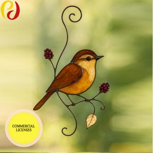 PDACE13   Commercial Stained Glass Bird Pattern –  Carolina Wren | Digital PDF Template, Wire Frame Design, DIY Suncatcher