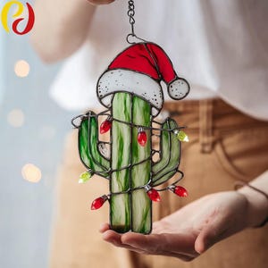 PDACE265 Christmas Cactus Sun Catcher Funny Gift Home Decor Window Wall Stained Glass Picture Pattern, ,digital download pattern