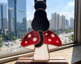 PDACE1272 Patrón de vidriera de gato negro y setas, atrapasoles de bosque en PDF, diseño Tiffany