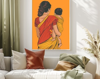 Indian Mother and Child Art , Desi Art, Boho Art, South Asian,  Motherhood Poster, Indian Art, Mothers Day Gift, Instant Download PDF