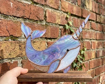 PDACE1285 Patrón de vidriera de narval, PDF de animales marinos, diseño de vidrio Tiffany para bricolaje