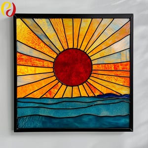 PD 247 Stained glass, sunrise over the sea,  Stained Glass Patterns, Digital Downloads, Easy Patterns ,DIY Suncatcher